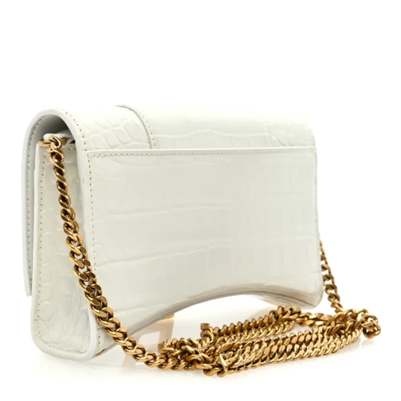 BALENCIAGA XS HOURGLASS CHAIN BAG WHITE CROCODILE EMBOSSED SHINY CALFSKIN LEATHER GOLD HARDWARE - Image 3