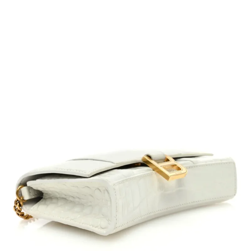 BALENCIAGA XS HOURGLASS CHAIN BAG WHITE CROCODILE EMBOSSED SHINY CALFSKIN LEATHER GOLD HARDWARE - Image 6