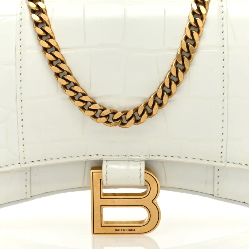 BALENCIAGA XS HOURGLASS CHAIN BAG WHITE CROCODILE EMBOSSED SHINY CALFSKIN LEATHER GOLD HARDWARE - Image 8