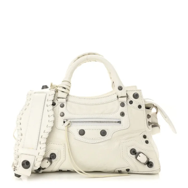 BALENCIAGA XS NEO CAGOLE HANDBAG OPTIC WHITE AGNEAU ARENA LEATHER SILVER HARDWARE