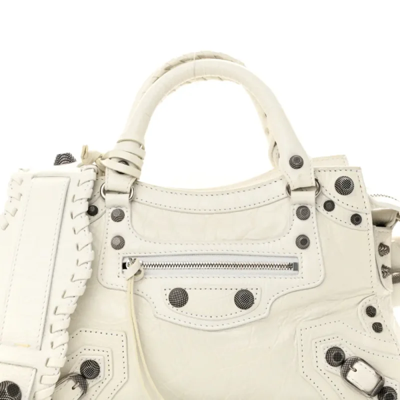 BALENCIAGA XS NEO CAGOLE HANDBAG OPTIC WHITE AGNEAU ARENA LEATHER SILVER HARDWARE - Image 8