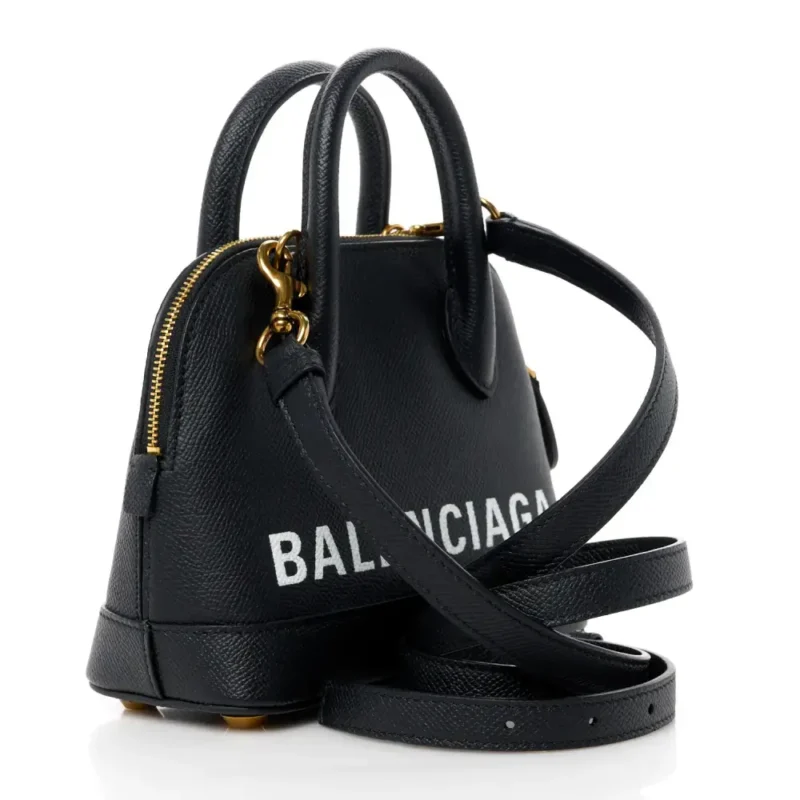 BALENCIAGA XXS VILLE TOP HANDLE BAG BLACK/WHITE SIGNATURE GRAINED CALFSKIN LEATHER GOLD HARDWARE - Image 3