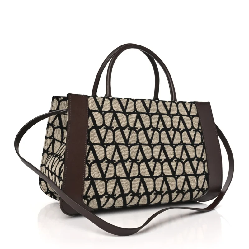 VALENTINO GARAVANI MEDIUM VLOGO TOTE NATURALE/BLACK/FONDANT TOILE ICONOGRAPHE CALFSKIN LEATHER - Image 3