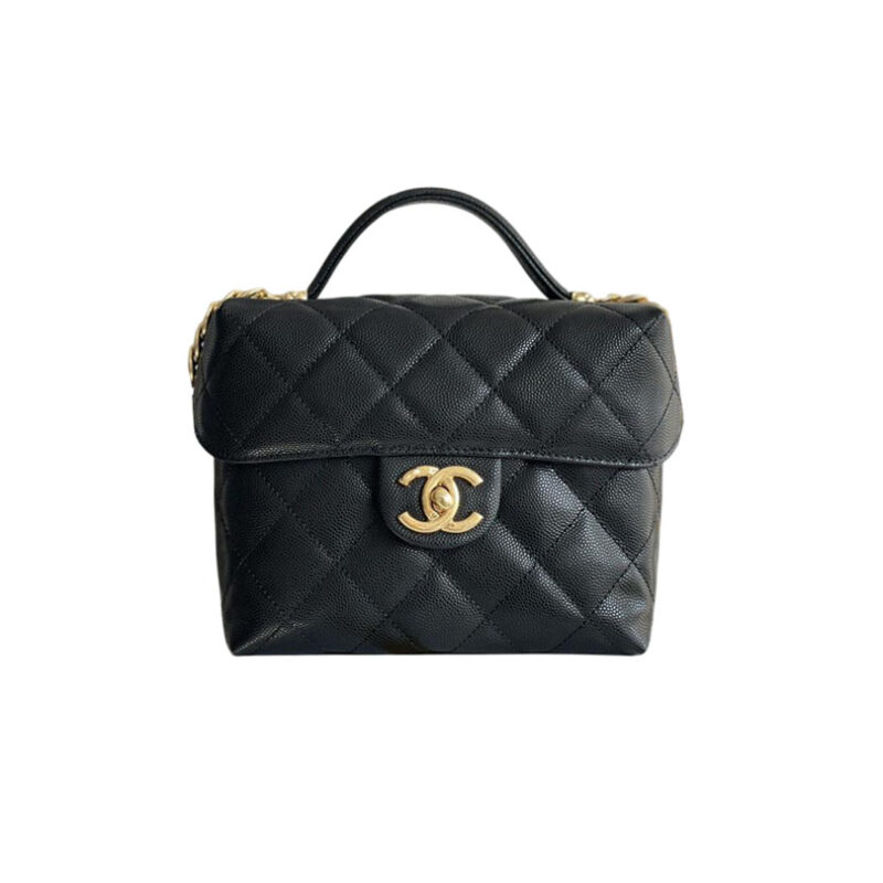 CHANEL BOX BAG SMALL BALL PRINT COWHIDE BLACK GOLD BUTTON CROSSBODY BAG HANDBAG