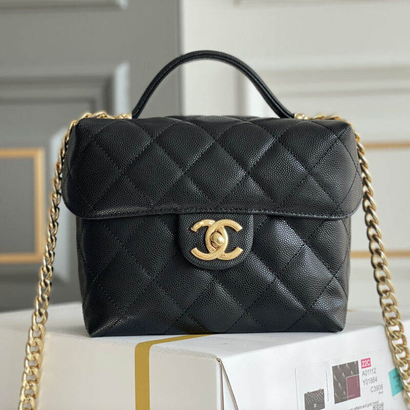 CHANEL BOX BAG SMALL BALL PRINT COWHIDE BLACK GOLD BUTTON CROSSBODY BAG HANDBAG - Image 2