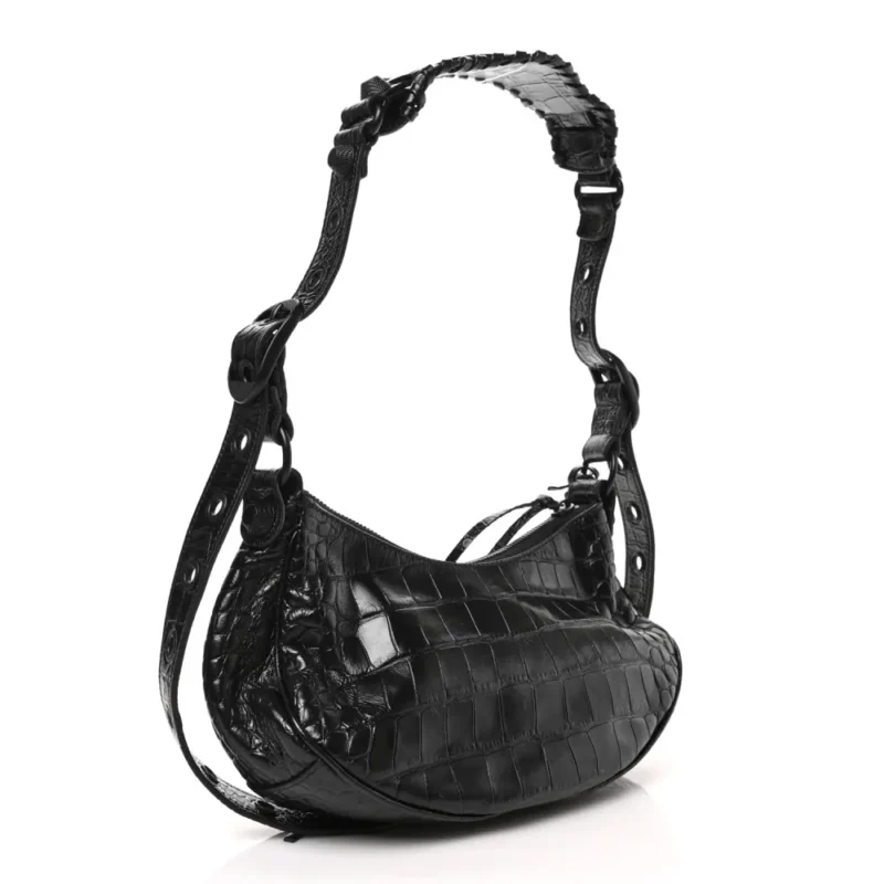 BALENCIAGA XS MONOCHROME LE CAGOLE SHOULDER BAG BLACK CROCODILE EMBOSSED EXTRA SUPPLE CALFSKIN LEATHER BLACK HARDWARE - Image 3