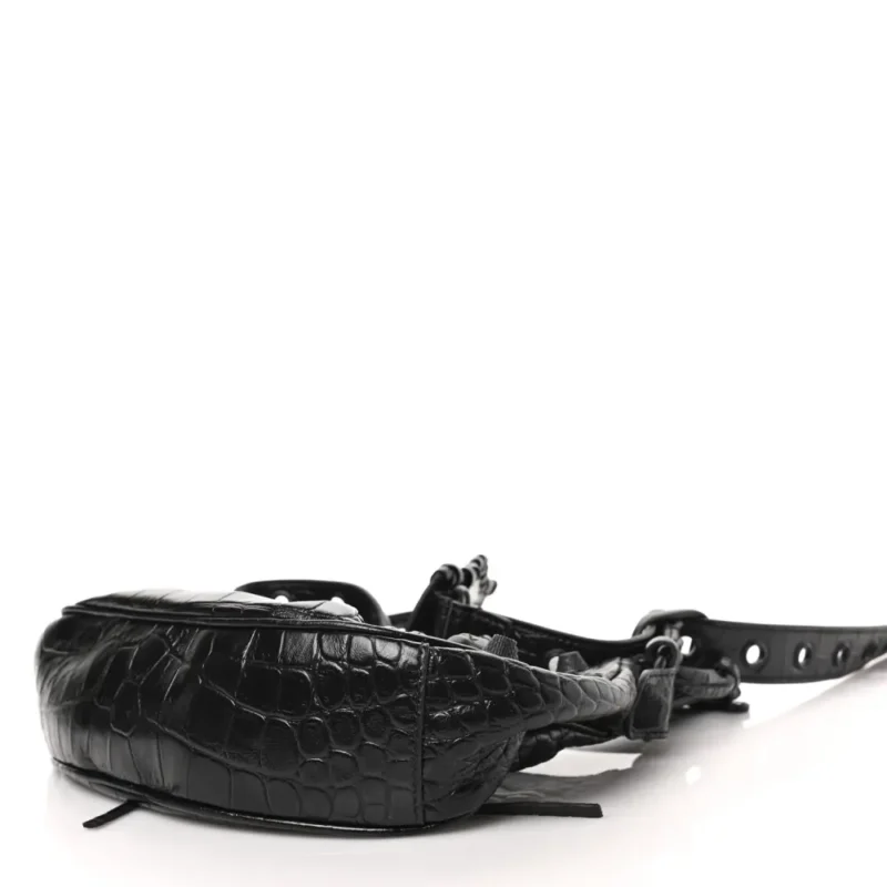 BALENCIAGA XS MONOCHROME LE CAGOLE SHOULDER BAG BLACK CROCODILE EMBOSSED EXTRA SUPPLE CALFSKIN LEATHER BLACK HARDWARE - Image 5