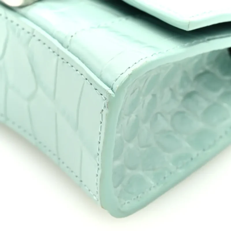 BALENCIAGA HOURGLASS MINI TOP HANDLE BAG WITH CHAIN GREEN ACQUA CROCODILE EMBOSSED SHINY CALFSKIN LEATHER - Image 4