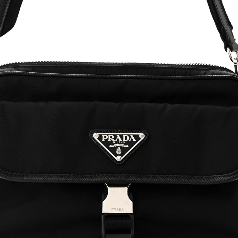 PRADA SMALL POCKET SINGLE SNAP BUCKLE SHOULDER BAG BLACK RE-NYLON & SAFFIANO LEATHER SILVER HARDWARE - Image 8