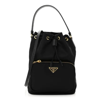 PRADA MINI BUCKET CROSSBODY BAG BLACK SAFFIANO LEATHER & TESSUTO NYLON BRASS HARDWARE