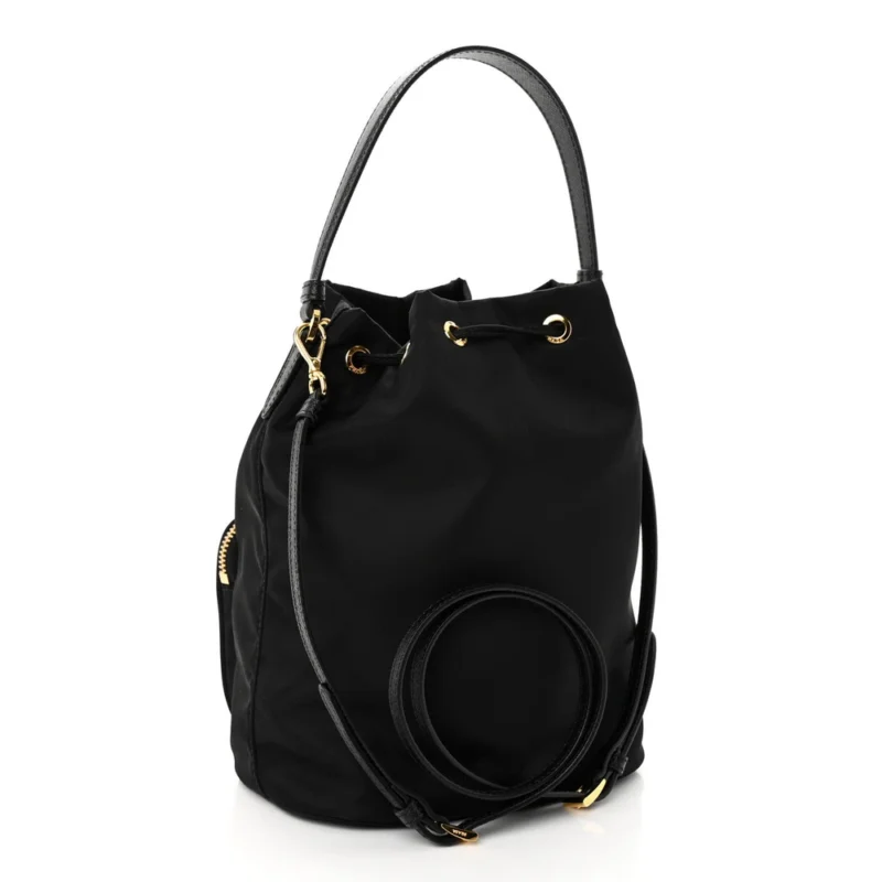 PRADA MINI BUCKET CROSSBODY BAG BLACK SAFFIANO LEATHER & TESSUTO NYLON BRASS HARDWARE - Image 3