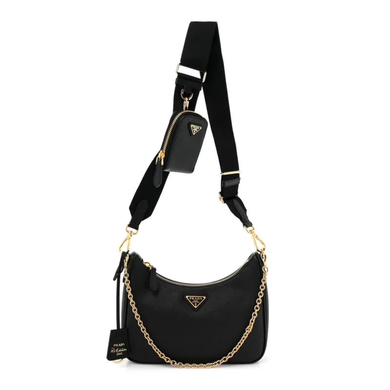 PRADA MEDIUM RE-EDITION 2005 SHOULDER BAG BLACK SAFFIANO LUX LEATHER SILVER HARDWARE