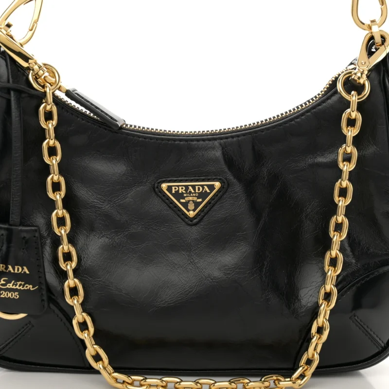 PRADA MEDIUM RE-EDITION 2005 SHOULDER BAG BLACK PATENT NAPLAK LEATHER GOLD HARDWARE - Image 8