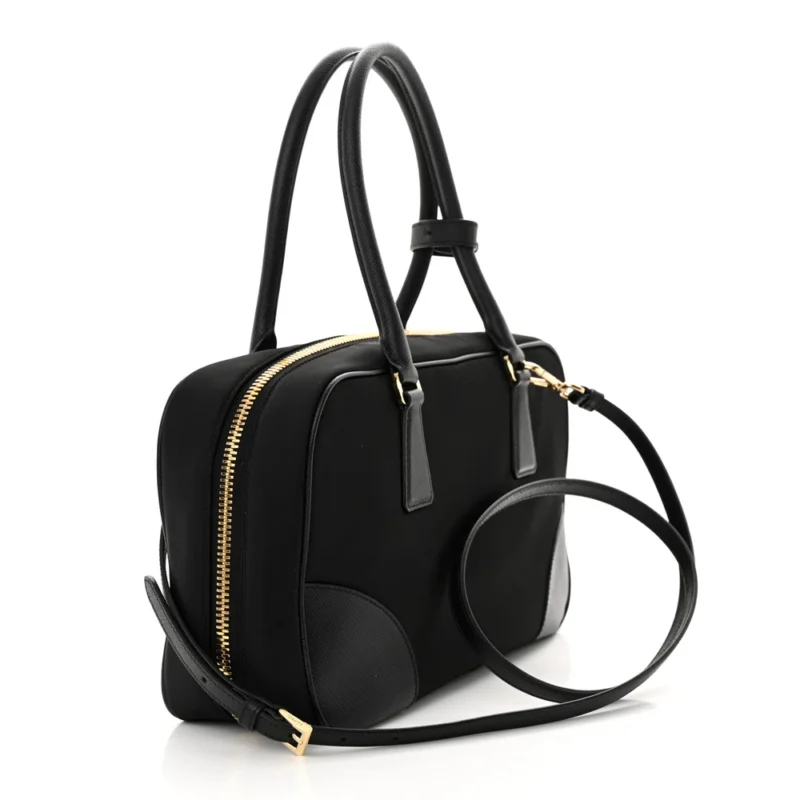PRADA MEDIUM RE-EDITION 1978 TWO HANDLE BAG BLACK RE-NYLON & SAFFIANO LEATHER GOLD HARDWARE - Image 3