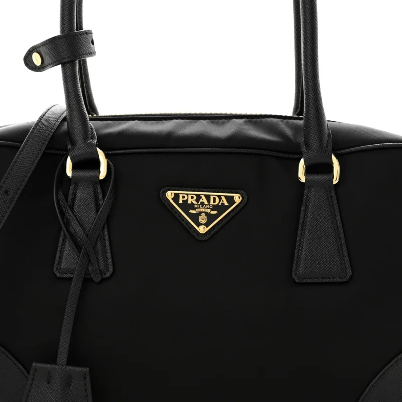 PRADA MEDIUM RE-EDITION 1978 TWO HANDLE BAG BLACK RE-NYLON & SAFFIANO LEATHER GOLD HARDWARE - Image 8