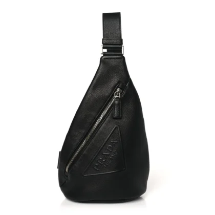 PRADA MEDIUM LOGO EMBOSSED CROSS SLING BACKPACK BLACK VITELLO DAINO LEATHER SILVER HARDWARE