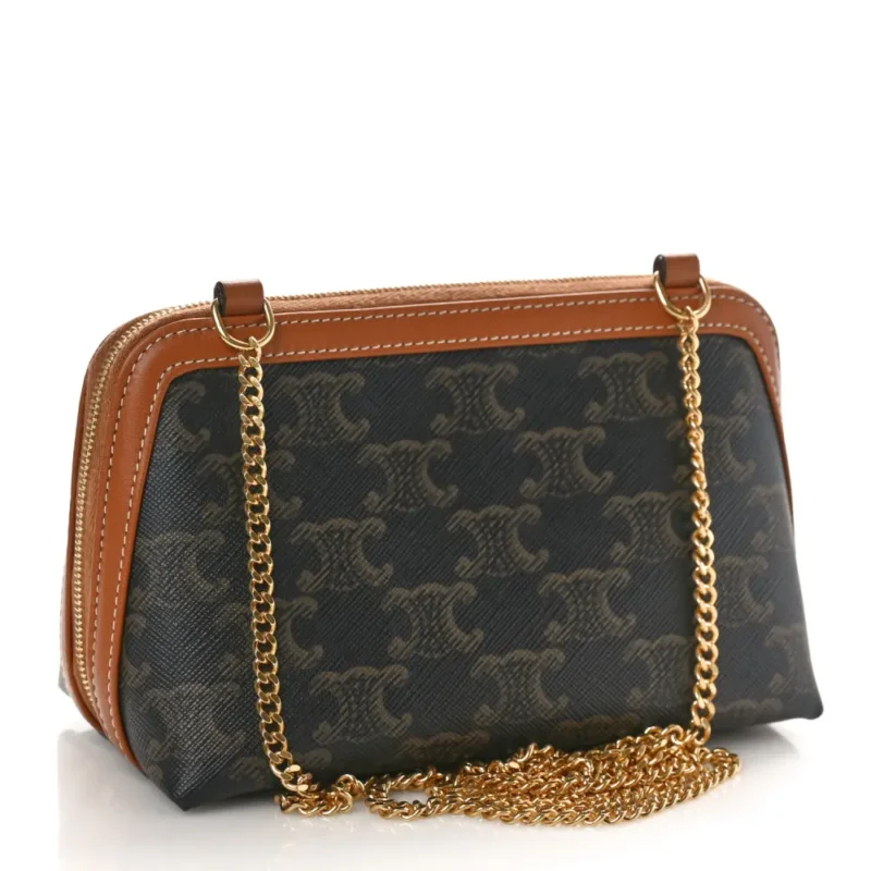 CELINE MINI CLUTCH ON CHAIN TAN TRIOMPHE CANVAS & CALFSKIN LEATHER GOLD HARDWARE - Image 3