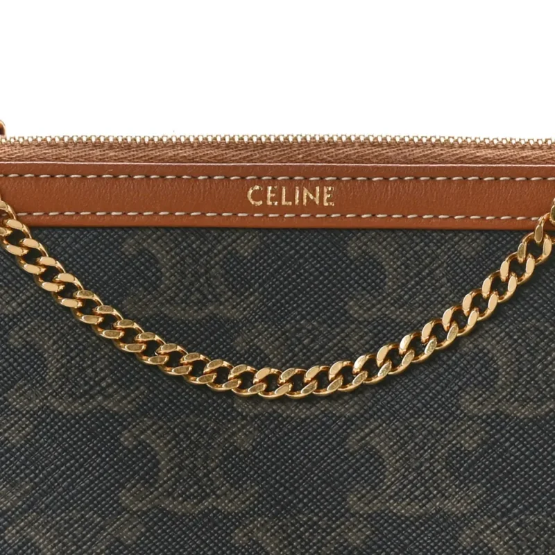 CELINE MINI CLUTCH ON CHAIN TAN TRIOMPHE CANVAS & CALFSKIN LEATHER GOLD HARDWARE - Image 8