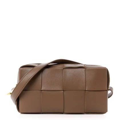 BOTTEGA VENETA MINI INTRECCIO CASSETTE PHONE POUCH CROSSBODY BAG MARRONE LAMBSKIN LEATHER