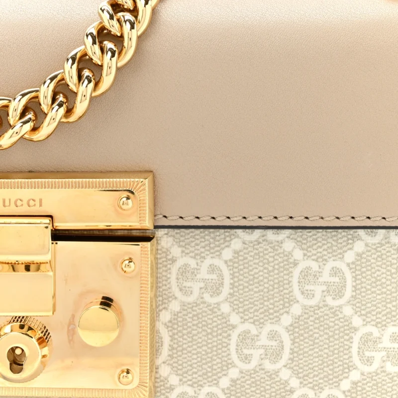 GUCCI SMALL PADLOCK CHAIN SHOULDER BAG BEIGE / MYSTIC WHITE / OATMEAL GG SUPREME MONOGRAM CANVAS & TEXTURED DOLLAR CALFSKIN LEATHER GOLD HARDWARE - Image 8