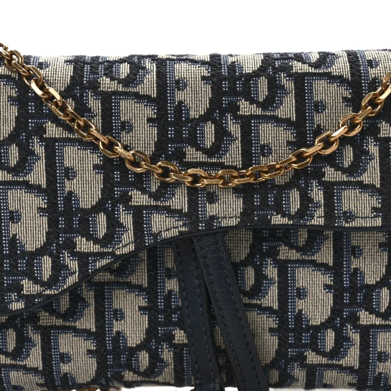 DIOR MINI SADDLE CHAIN LONG WALLET BLUE OBLIQUE CANVAS GOLD HARDWARE - Image 8