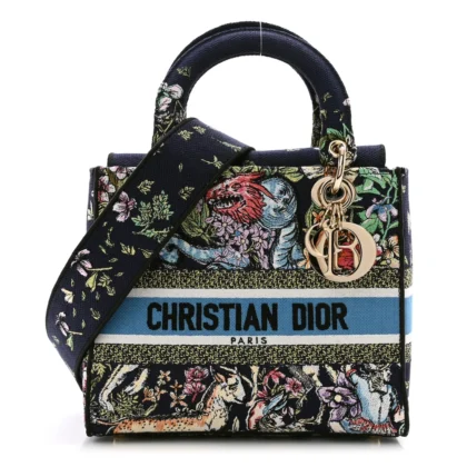 DIOR MEDIUM D-CONSTELLATION LADY D-LITE BLUE MULTICOLOR EMBROIDERED CANVAS GOLD HARDWARE $410