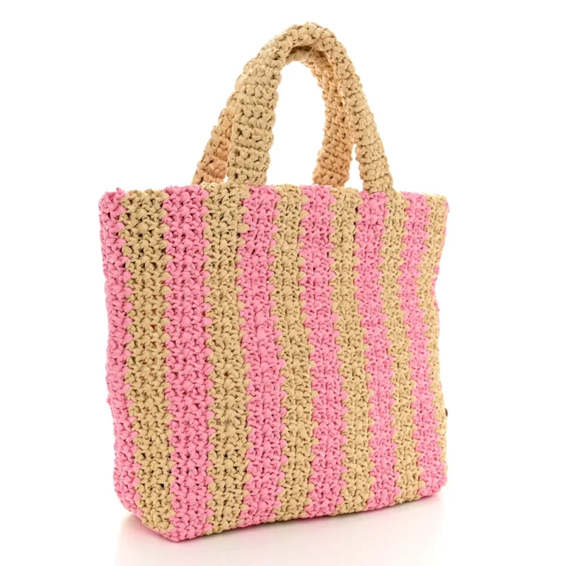 PRADA SMALL EFFECT CROCHET STRIPED LOGO TOTE NATURALE/PETALO YARN RAFFIA - Image 3