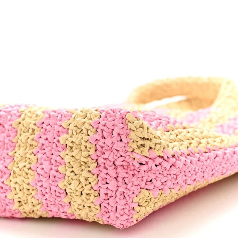 PRADA SMALL EFFECT CROCHET STRIPED LOGO TOTE NATURALE/PETALO YARN RAFFIA - Image 5