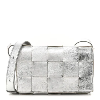 BOTTEGA VENETA MAXI INTRECCIATO CASSETTE CROSSBODY BAG METALLIC SILVER LAMBSKIN LEATHER