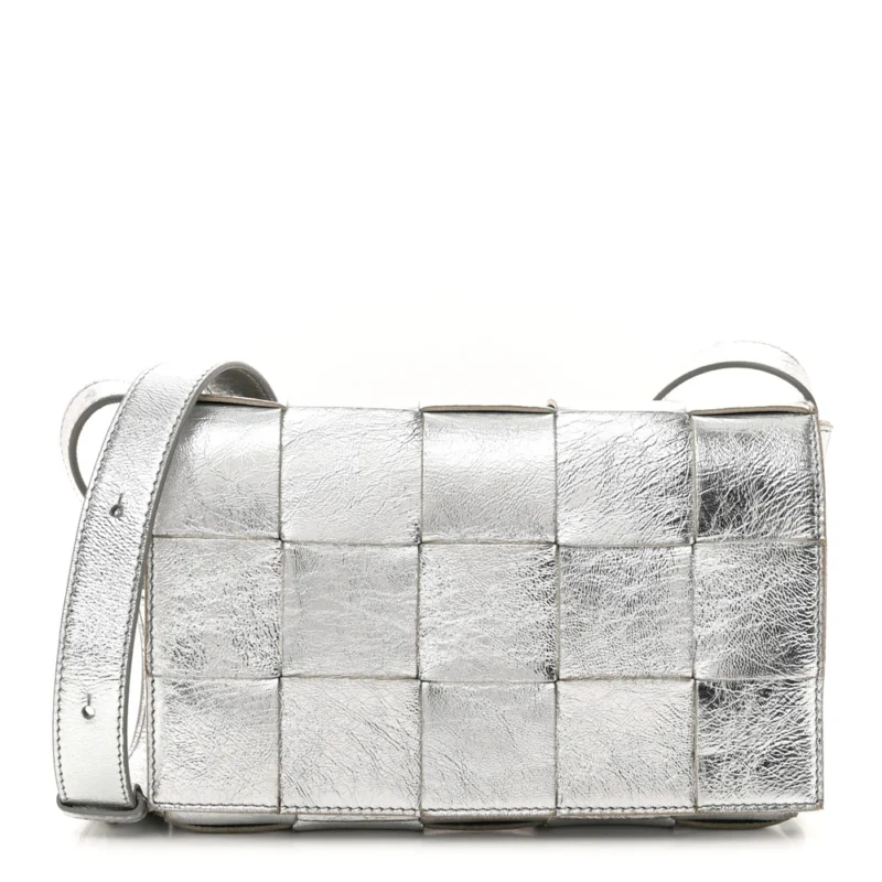 BOTTEGA VENETA MAXI INTRECCIATO CASSETTE CROSSBODY BAG METALLIC SILVER LAMBSKIN LEATHER