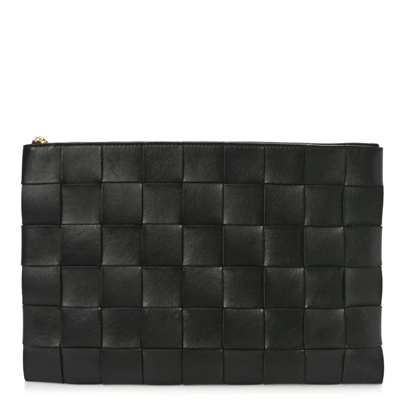 BOTTEGA VENETA MAXI INTRECCIATO LARGE CASSETTE FLAT ZIP POUCH BLACK NAPPA LEATHER