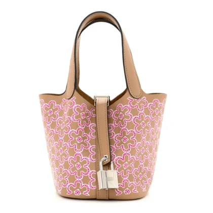 HERM??S MICRO LUCKY DAISY PICOTIN LOCK CHAI/ROSE/WHITE SWIFT LEATHER PALLADIUM SILVER HARDWARE
