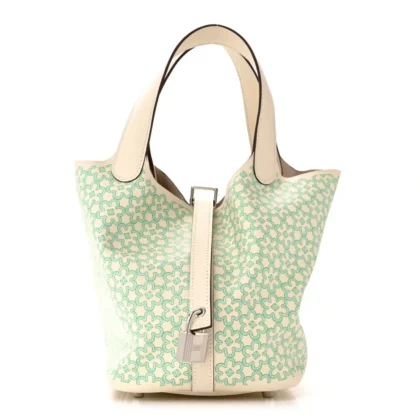 HERM??S LUCKY DAISY PIACOTIN LOCK 18 PM NATA/VERT SWIFT LEATHER PALLADIUM SILVER HARDWARE