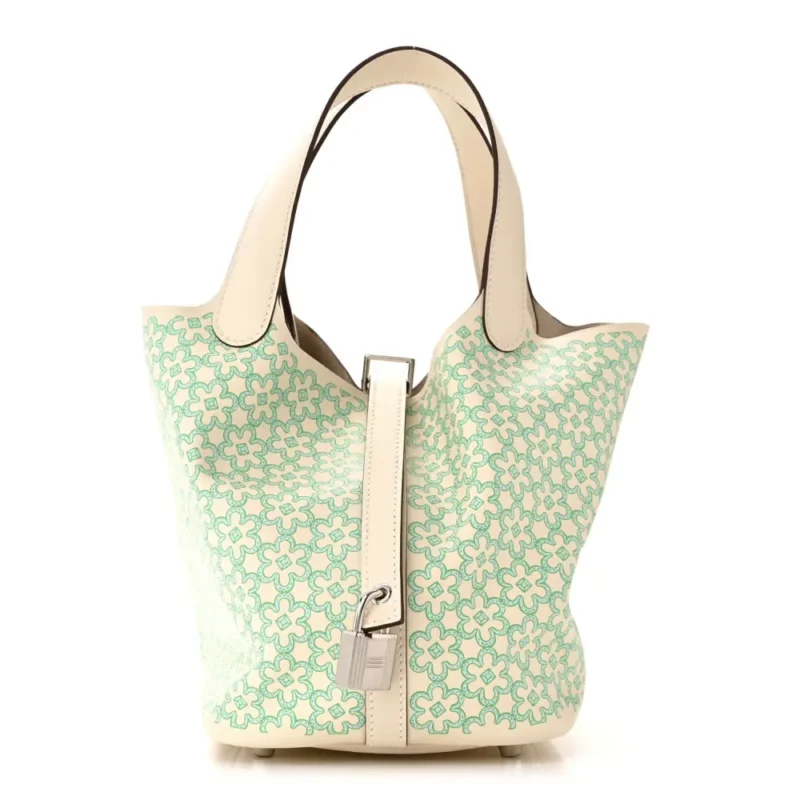 HERM??S LUCKY DAISY PIACOTIN LOCK 18 PM NATA/VERT SWIFT LEATHER PALLADIUM SILVER HARDWARE