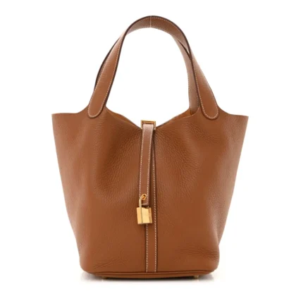 HERM??S PICOTIN LOCK 22 MM BROWN TAURILLON CLEMENCE LEATHER GOLD HARDWARE