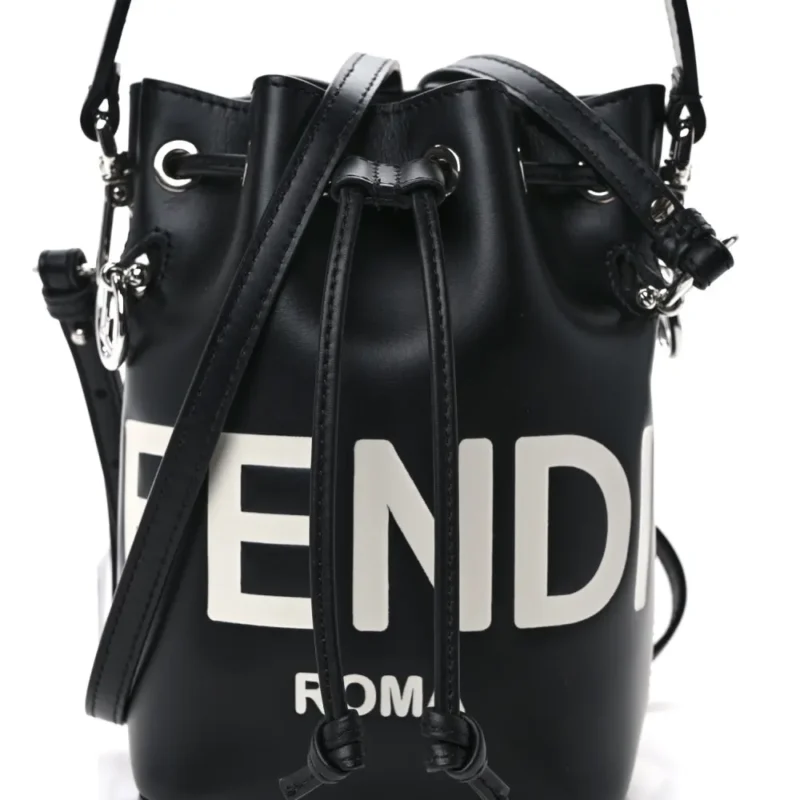 FENDI MINI F IS FENDI LOGO EMBOSSED MON TRESOR BUCKET BAG BLACK KING VITELLO LEATHER SILVER HARDWARE - Image 2