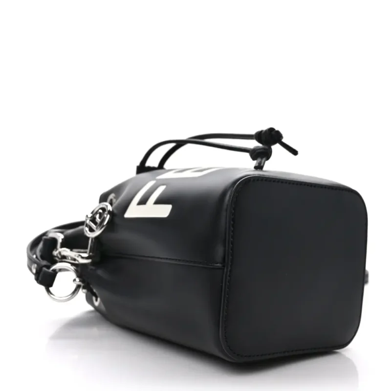 FENDI MINI F IS FENDI LOGO EMBOSSED MON TRESOR BUCKET BAG BLACK KING VITELLO LEATHER SILVER HARDWARE - Image 4