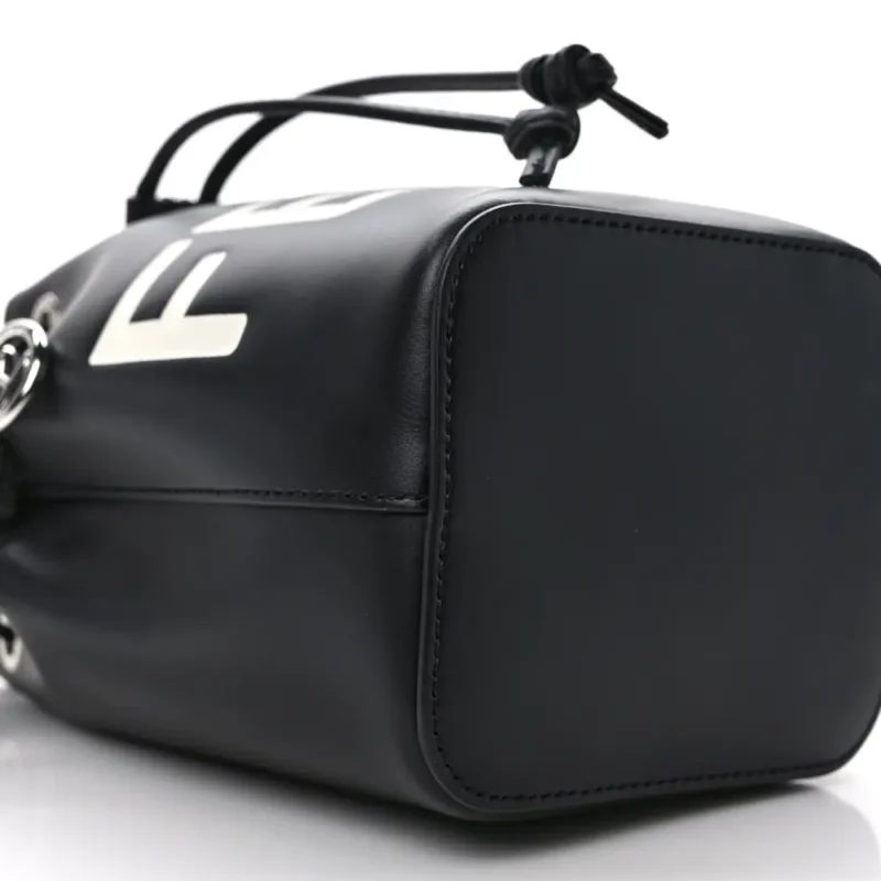 FENDI MINI F IS FENDI LOGO EMBOSSED MON TRESOR BUCKET BAG BLACK KING VITELLO LEATHER SILVER HARDWARE - Image 5