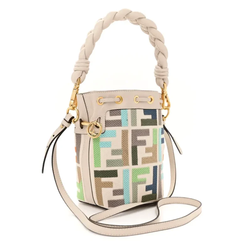 FENDI MINI F IS FENDI FF MULTICOLOR EMBROIDERED MON TRESOR BUCKET BAG GREZZO/MULTICOLOR/LATTE CANVAS & GRACE VITELLO LEATHER GOLD HARDWARE - Image 3