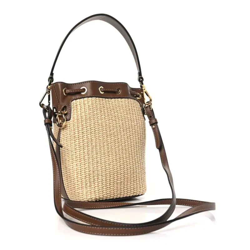 FENDI MINI F IS FENDI LOGO CROCHET MON TRESOR BUCKET BAG NATURAL/BROWN STRAW GOLD HARDWARE - Image 3