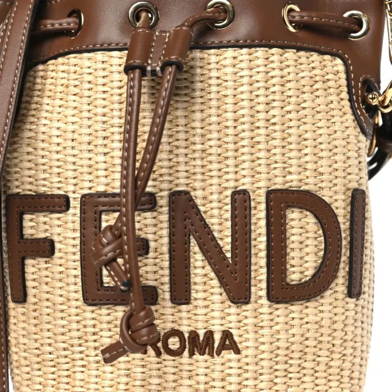 FENDI MINI F IS FENDI LOGO CROCHET MON TRESOR BUCKET BAG NATURAL/BROWN STRAW GOLD HARDWARE - Image 9