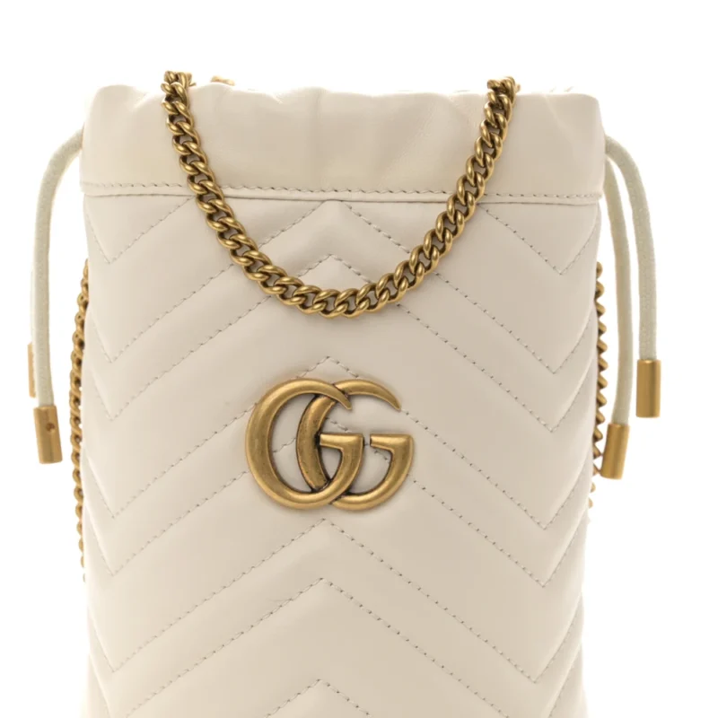 GUCCI MINI GG MARMONT 2.0 BUCKET BAG WHITE CALFSKIN MATELASS?? LEATHER AGED GOLD HARDWARE - Image 8