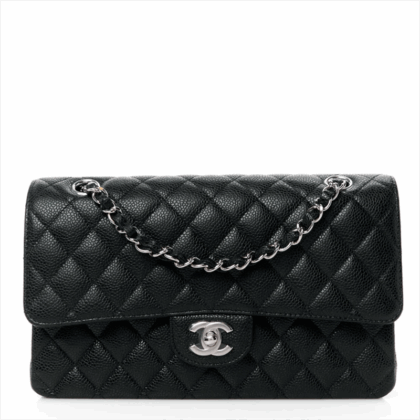 CHANEL DOUBLE FLAP CAVIAR BLACK SILVER DESIGNER HANDBAGS