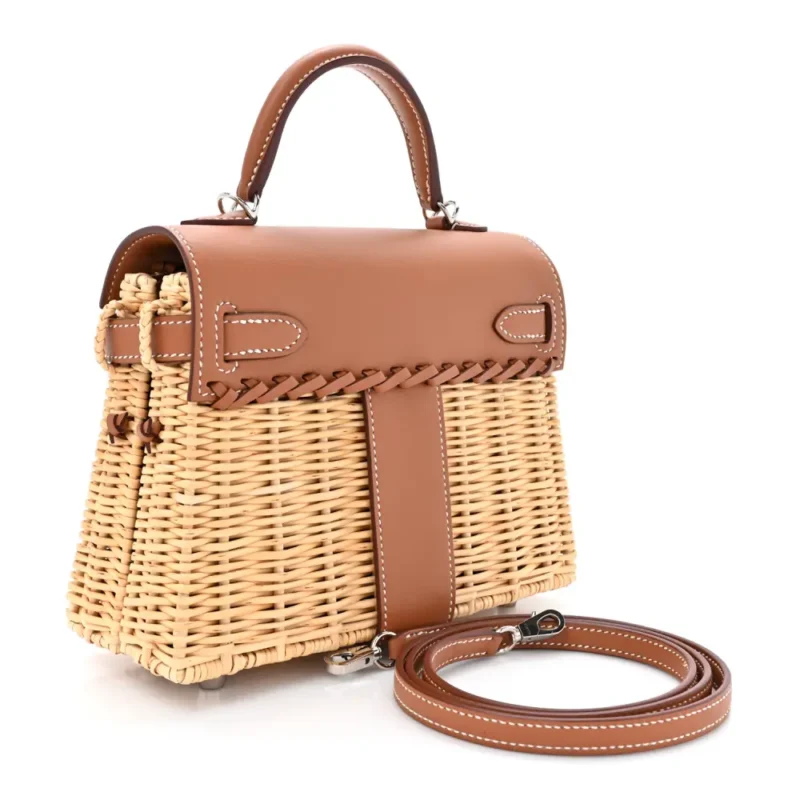 HERM??S PICNIC MINI KELLY 20 NATUREL/BROWN WICKER & SWIFT LEATHER PALLADIUM SILVER HARDWARE - Image 3