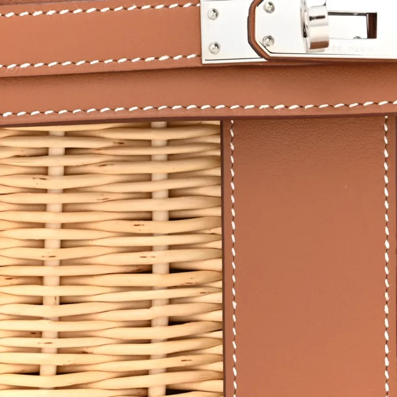 HERM??S PICNIC MINI KELLY 20 NATUREL/BROWN WICKER & SWIFT LEATHER PALLADIUM SILVER HARDWARE - Image 9