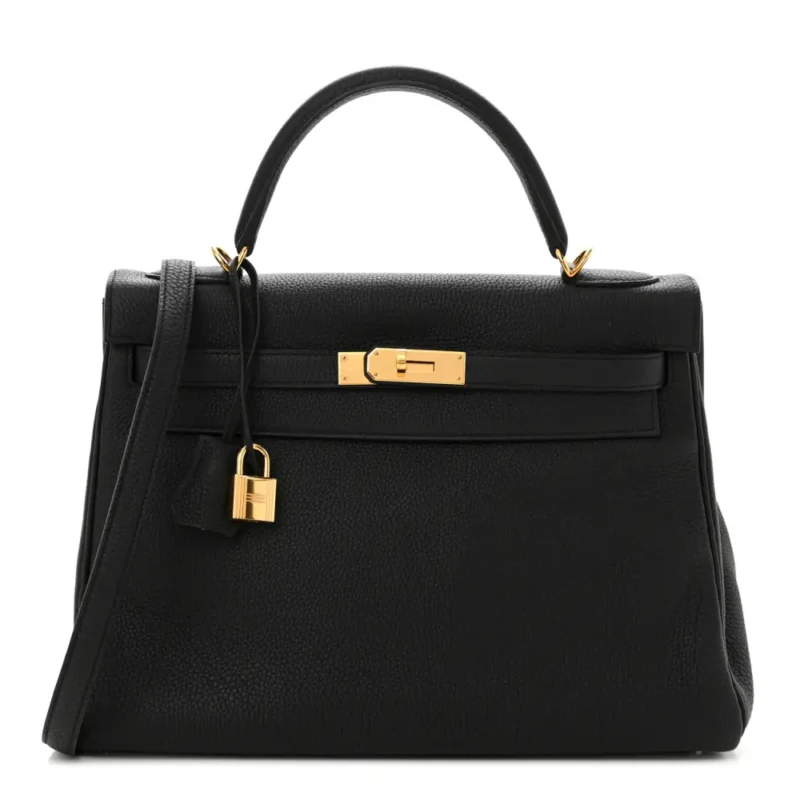 HERM??S KELLY RETOURNE 32 BLACK TOGO LEATHER GOLD HARDWARE