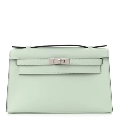 HERM??S KELLY POCHETTE CLUTCH VERT PEPPERMINT SWIFT LEATHER PALLADIUM HARDWARE