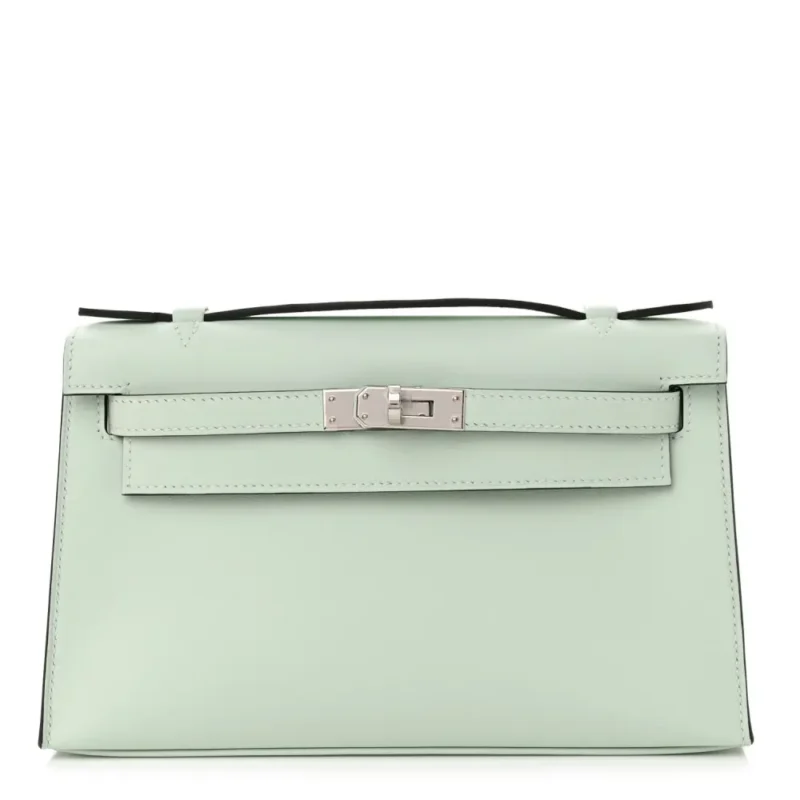 HERM??S KELLY POCHETTE CLUTCH VERT PEPPERMINT SWIFT LEATHER PALLADIUM HARDWARE