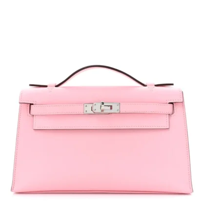 HERM??S KELLY POCHETTE CLUTCH ROSE SAKURA SWIFT LEATHER SILVER HARDWARE