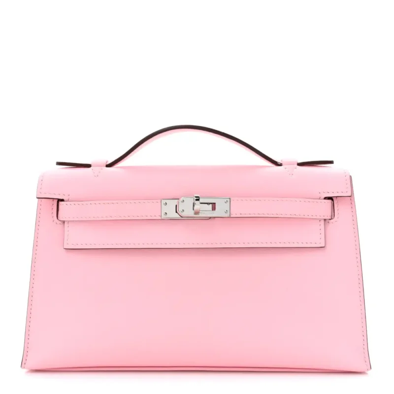 HERM??S KELLY POCHETTE CLUTCH ROSE SAKURA SWIFT LEATHER SILVER HARDWARE